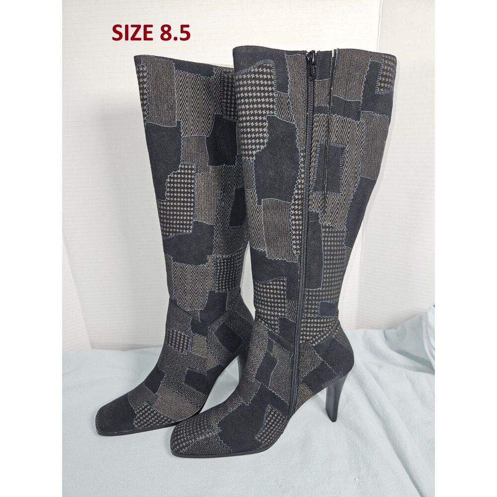 Pierre Dumas Knee High Patchwork Heeled Boots Black Geometric Womens NIB